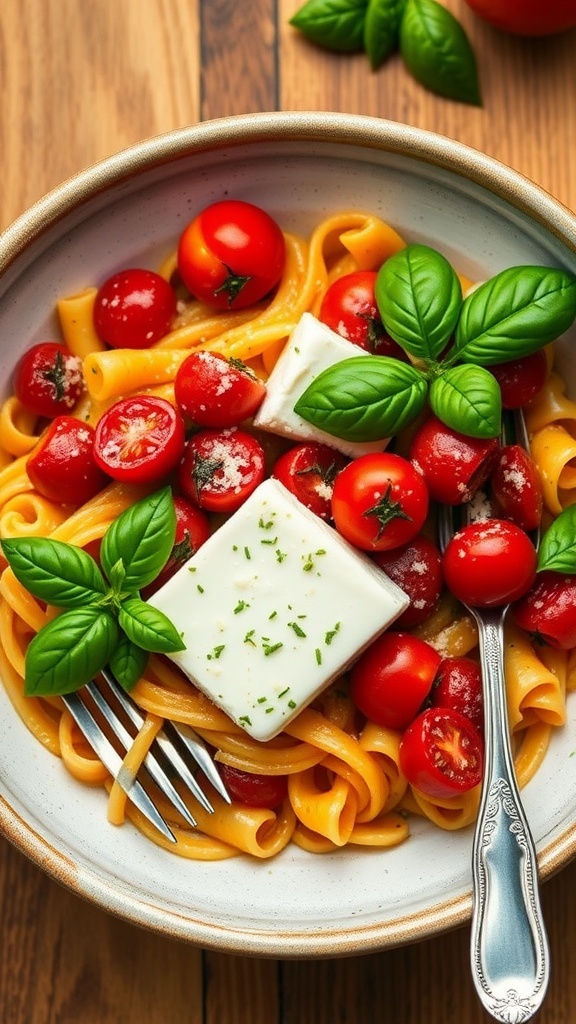 Baked feta pasta with roasted cherry tomatoes and fresh basil in a rustic bowl.